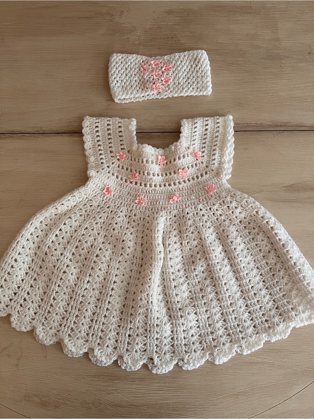 Handmade Cream Crochet Baby Dress with Pink Flower Accents
